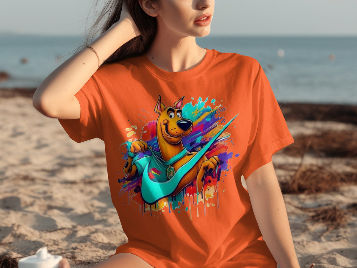Vibrant Animated Dog Tee with Guitar Splash Design