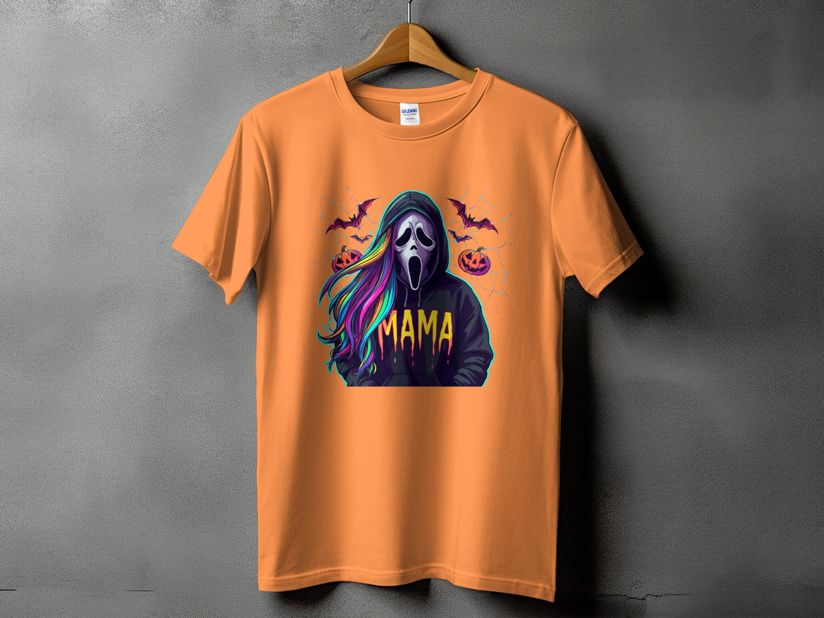 Orange t-shirt with ghost mask, bats, pumpkins, and the word "MAMA".