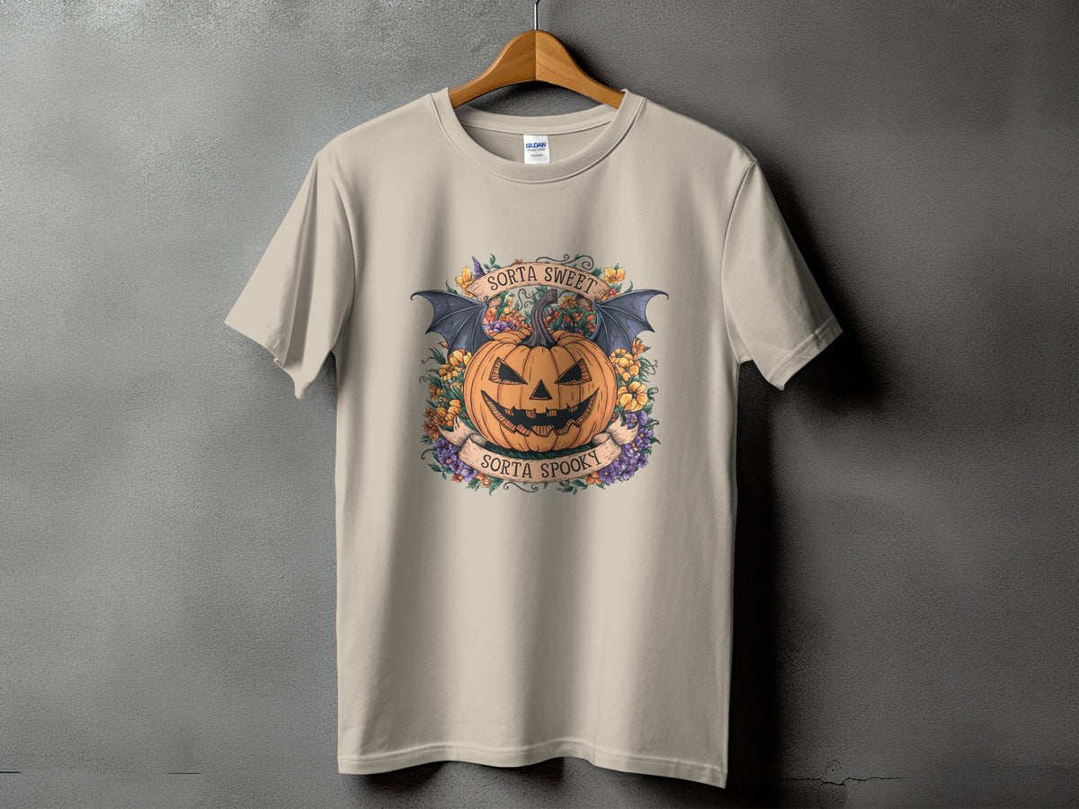 Light beige t-shirt with Halloween pumpkin, bat wings, and text.