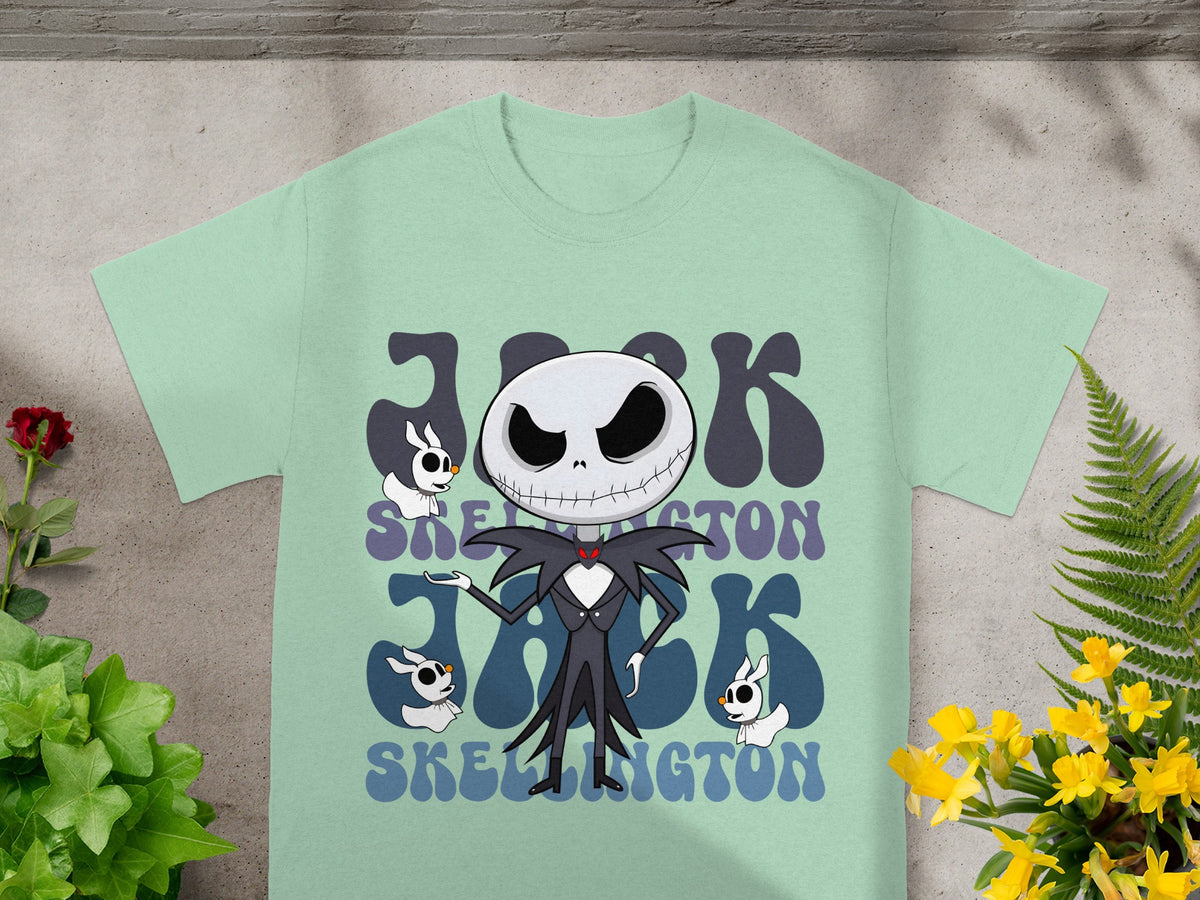 Jack Skellington graphic t-shirt with large text and small skeleton figures.
