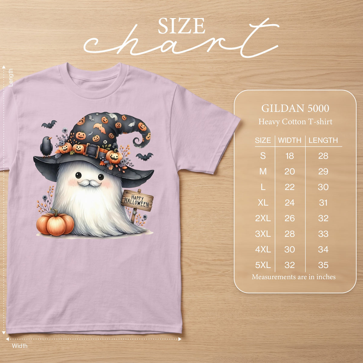 Ghost wearing witch hat with pumpkins and bats, with size chart for Gildan 5000.