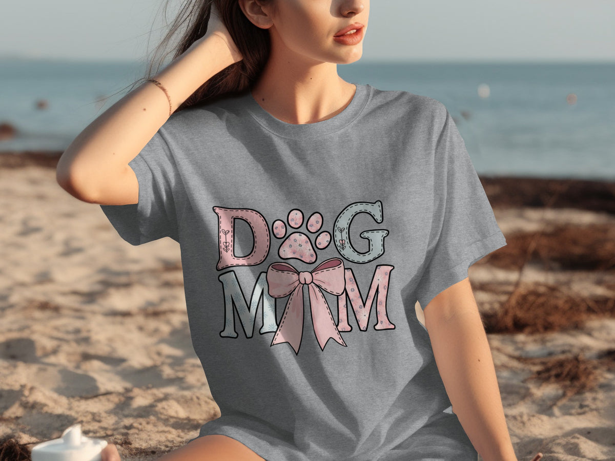 Cute Dog Mom Shirt with Paw Print and Bow Design