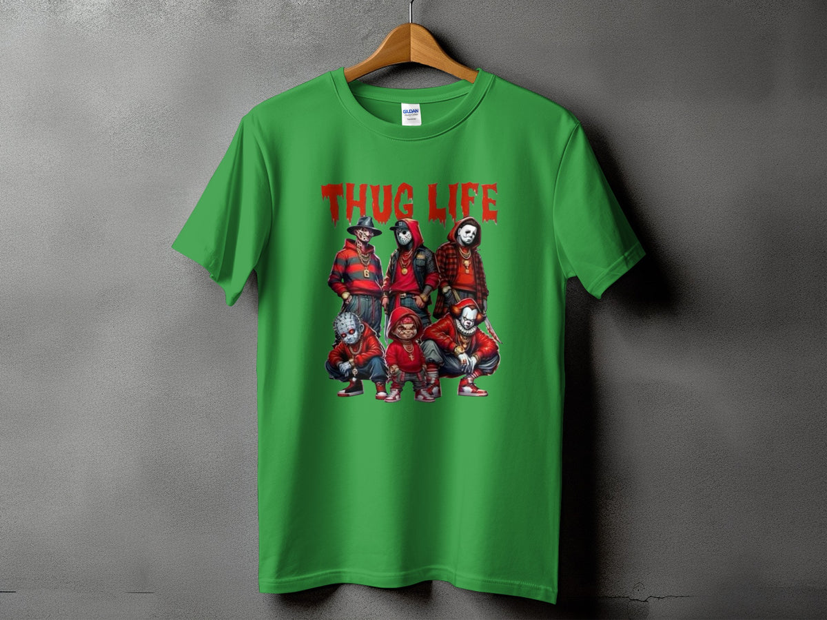 Green t-shirt with "THUG LIFE" and horror movie characters graphic.