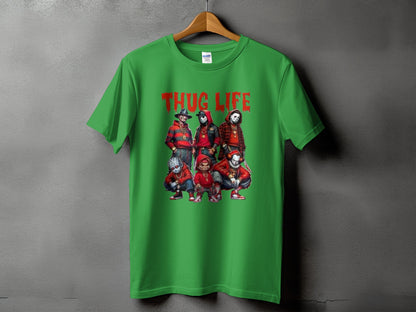 Green t-shirt with "THUG LIFE" and horror movie characters graphic.