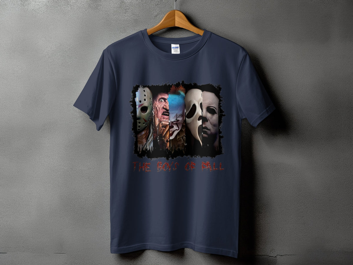 Dark t-shirt with graphic of horror movie villains and text "The Boys of Fall".