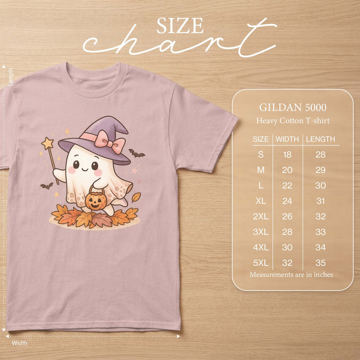 Gildan 5000 Heavy Cotton T-shirt size chart with cute ghost graphic and measurements in inches.