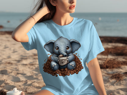 Cute Elephant Coffee First Graphic Print T-Shirt
