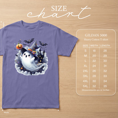 Gildan 5000 Heavy Cotton T-shirt with Halloween ghost and castle graphic. Size chart included.