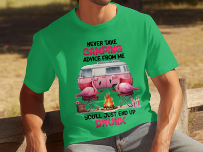 Never Take Camping Advice Flamingo Drunk Shirt