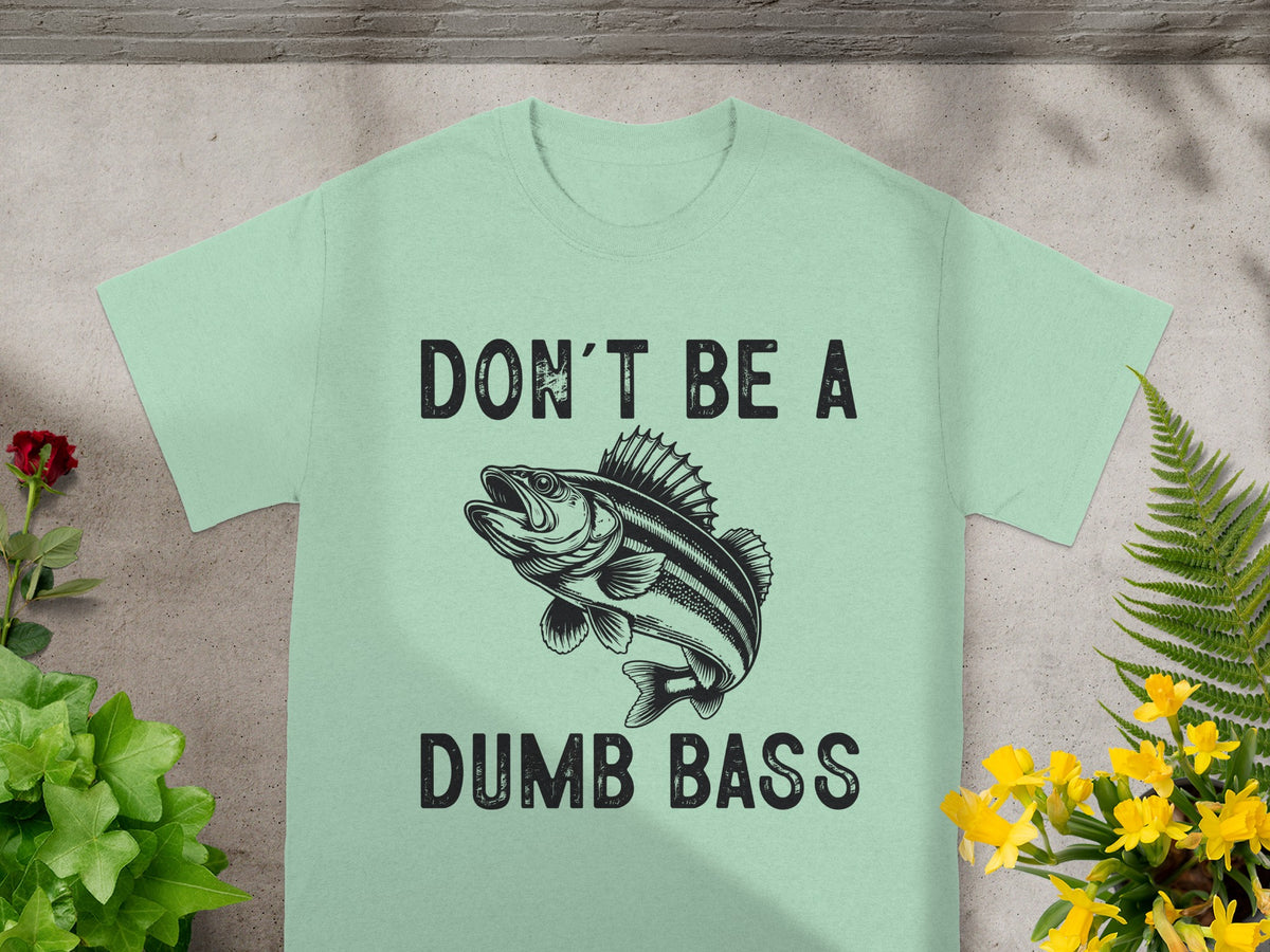 Light green t-shirt with black text and a fish graphic.