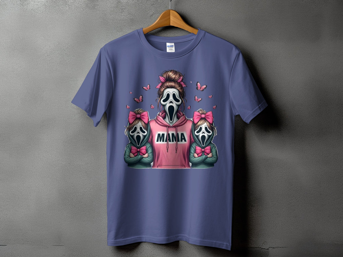 Ghost face mama graphic with two ghost face children on a purple t-shirt.