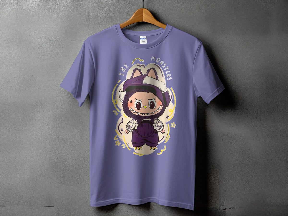 Purple t-shirt with a cartoon monster design and text "THE MONSTERS."