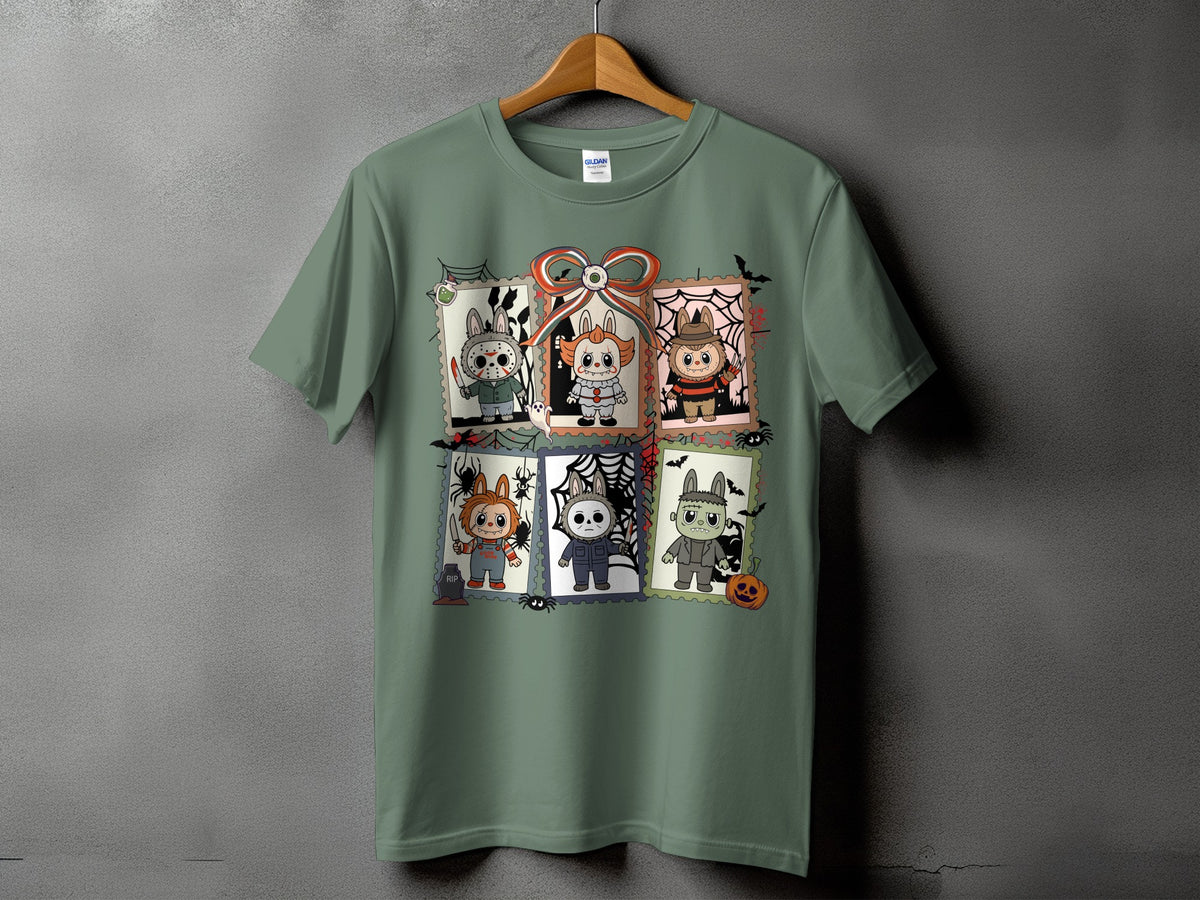 Green t-shirt featuring six postage stamps with cartoon horror characters.