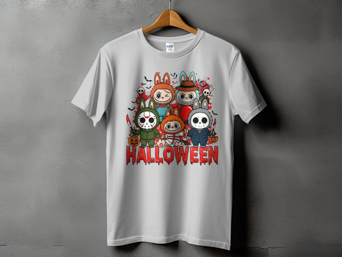White t-shirt with cartoon Halloween characters and "HALLOWEEN" text.