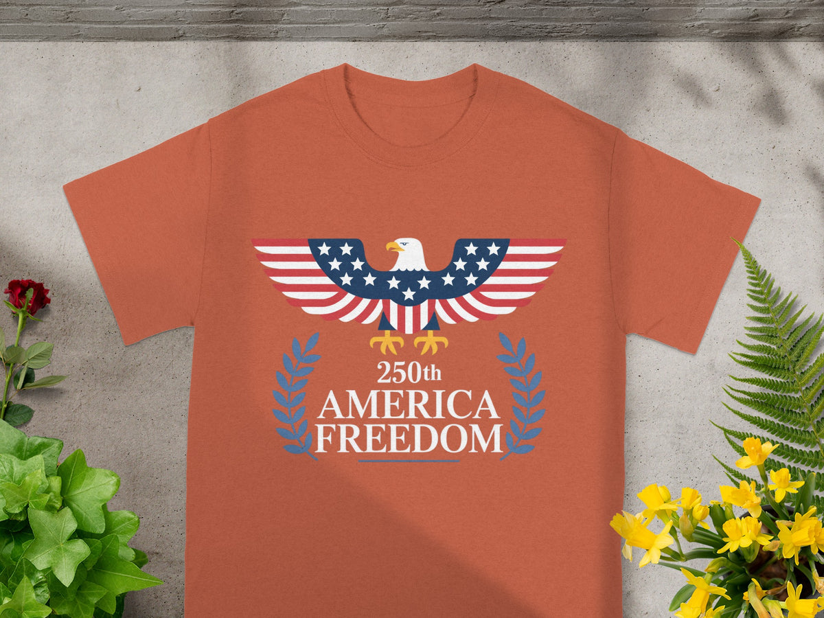 Orange t-shirt with American flag eagle and "250th America Freedom" text.