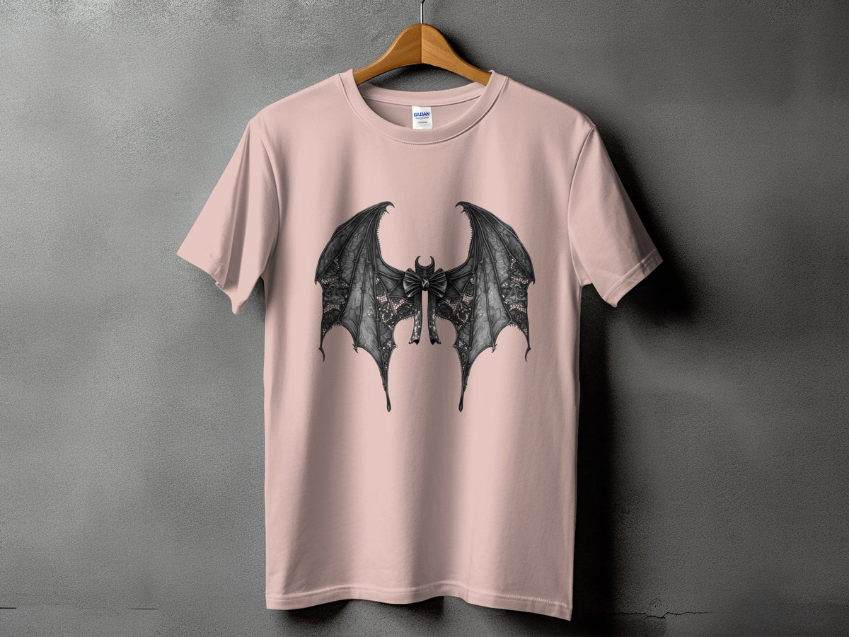 Pink t-shirt with black lace bat wings and bow graphic.