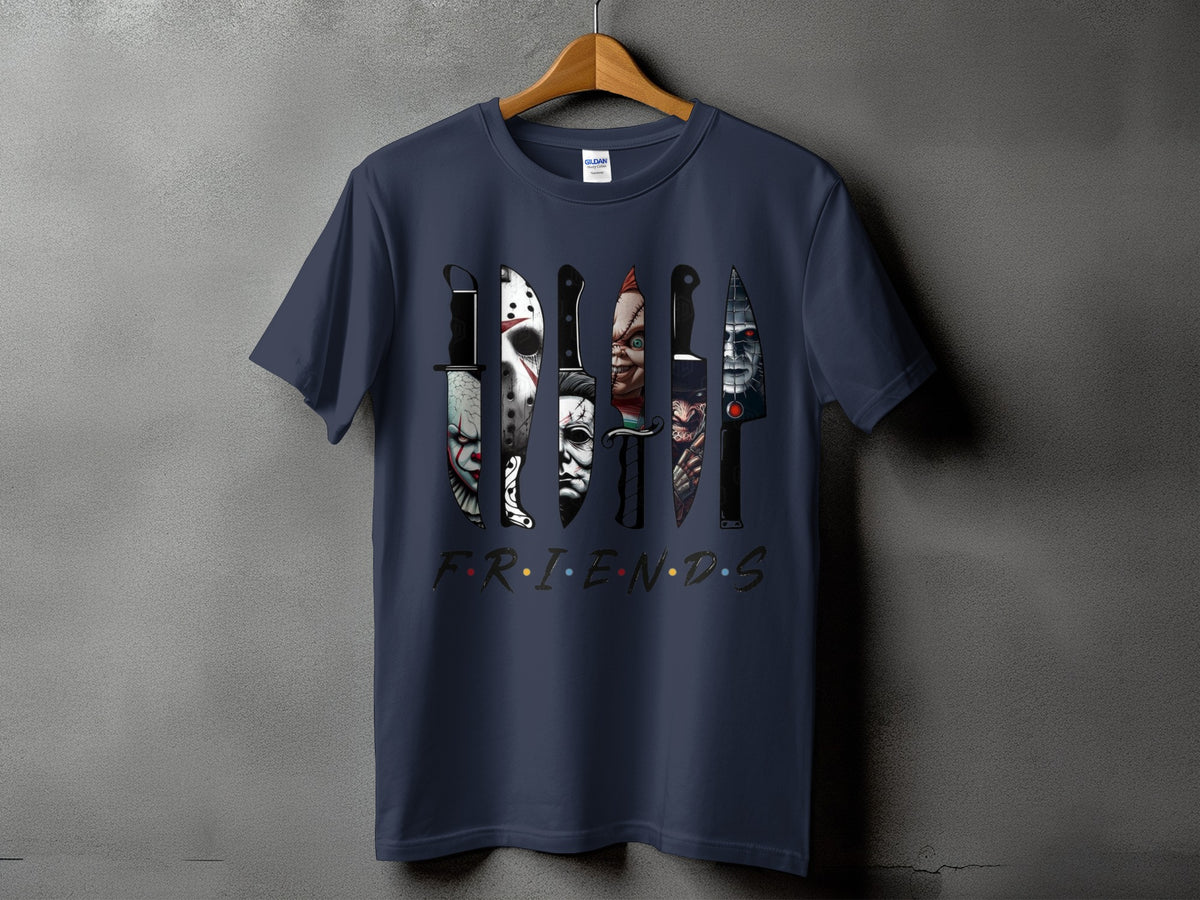 Dark t-shirt with horror movie villain knives and "FRIENDS" text.