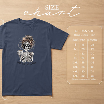 Skeleton graphic t-shirt with "Mama Needs Coffee" text and size chart.