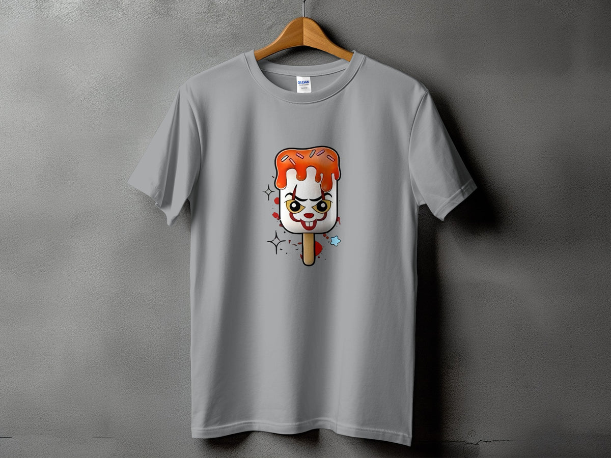 Gray t-shirt with a creepy clown popsicle graphic and Gildan label.