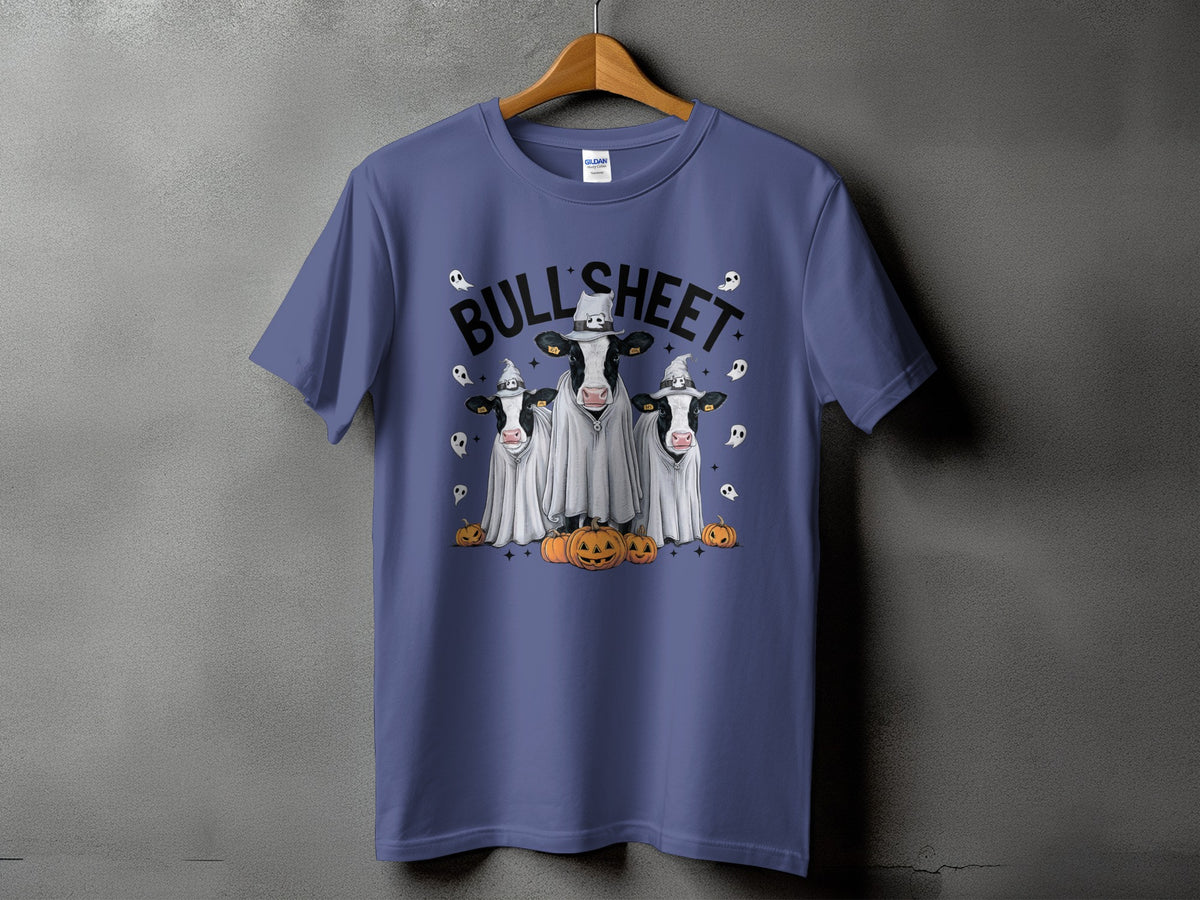 T-shirt with "BULL SHEET" text and three cows dressed as ghosts with pumpkins.
