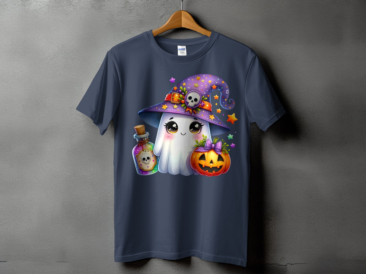 A ghost in a witch hat with a pumpkin and potion bottle on a t-shirt.