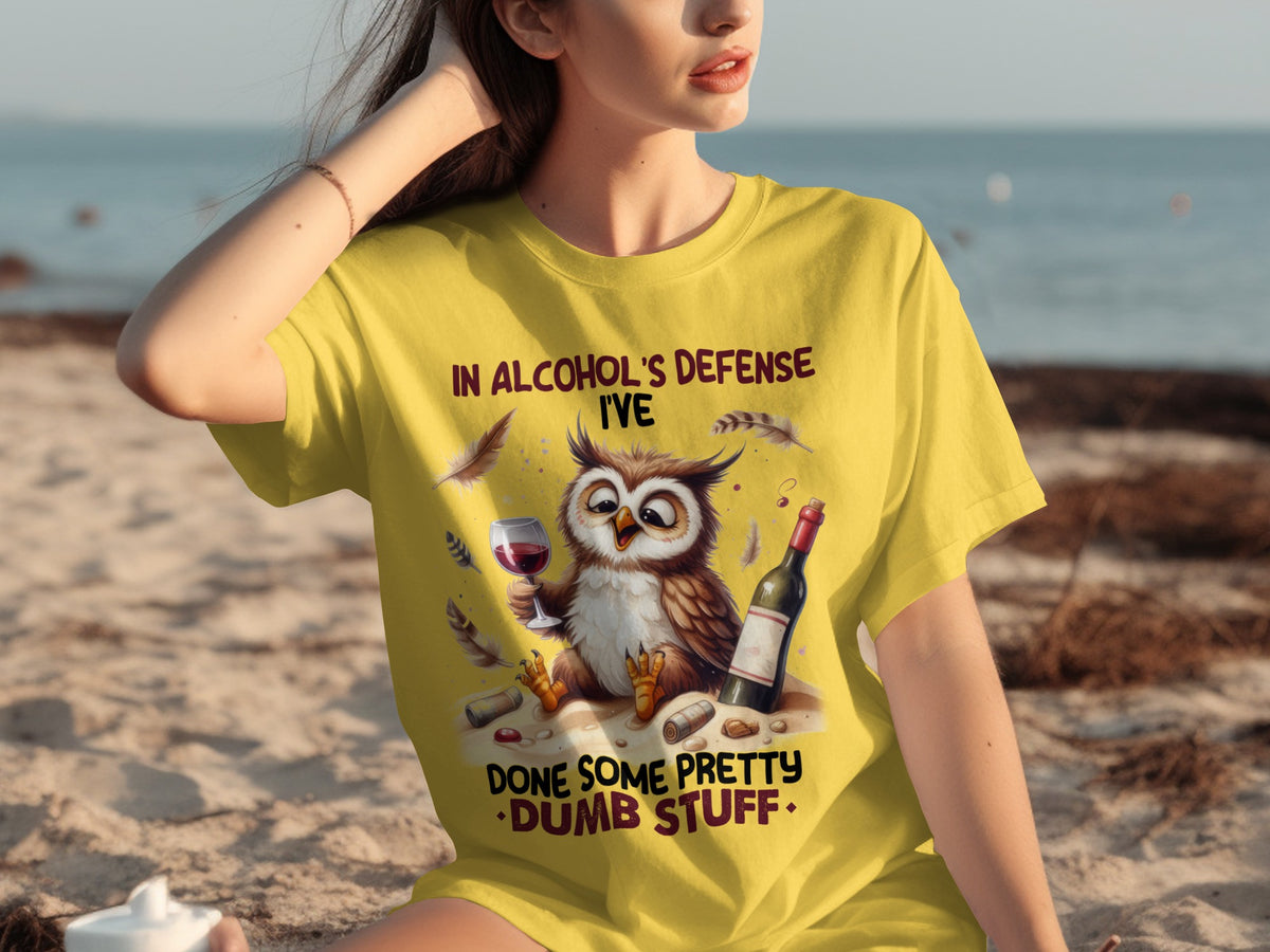 In Alcohol's Defense Owl Wine T-Shirt for Humor Lovers