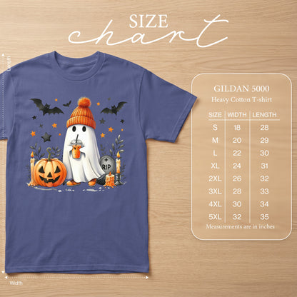 Ghost wearing hat and drinking, with pumpkin, candles, RIP tombstone, bats, and stars. Includes size chart.