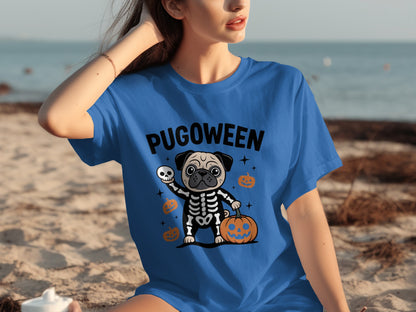 Pugoween Skeleton Pug Halloween Themed T-Shirt