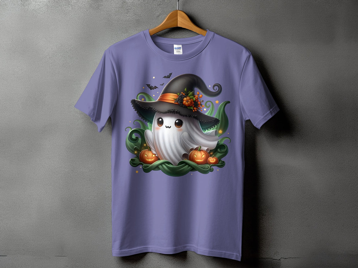 Ghost in witch hat with pumpkins and bats on a purple t-shirt.
