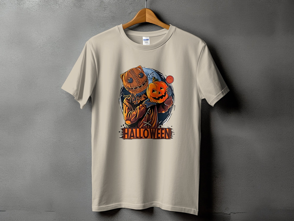 Light tan t-shirt with "Halloween" text and a pumpkin-headed character holding a pumpkin.