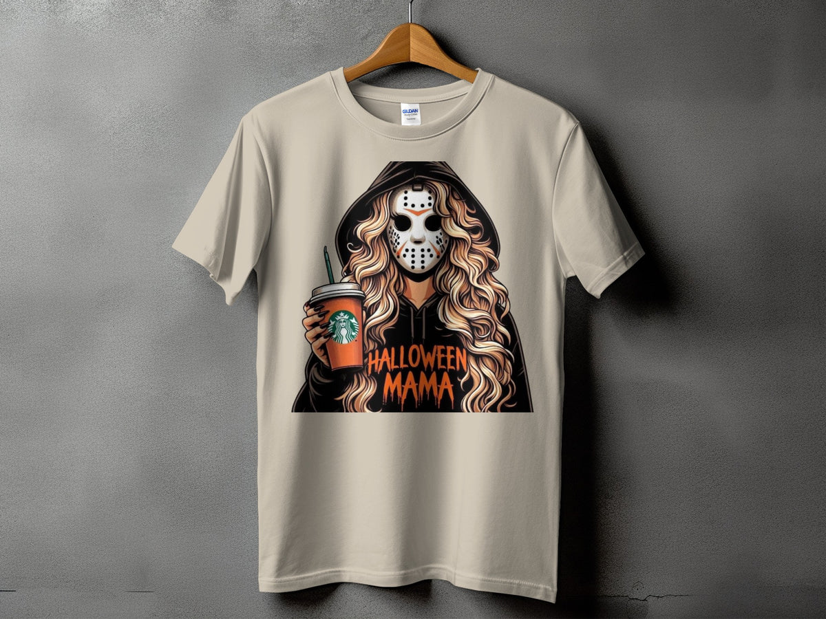 T-shirt with Halloween Mama design featuring a masked figure holding a Starbucks cup.