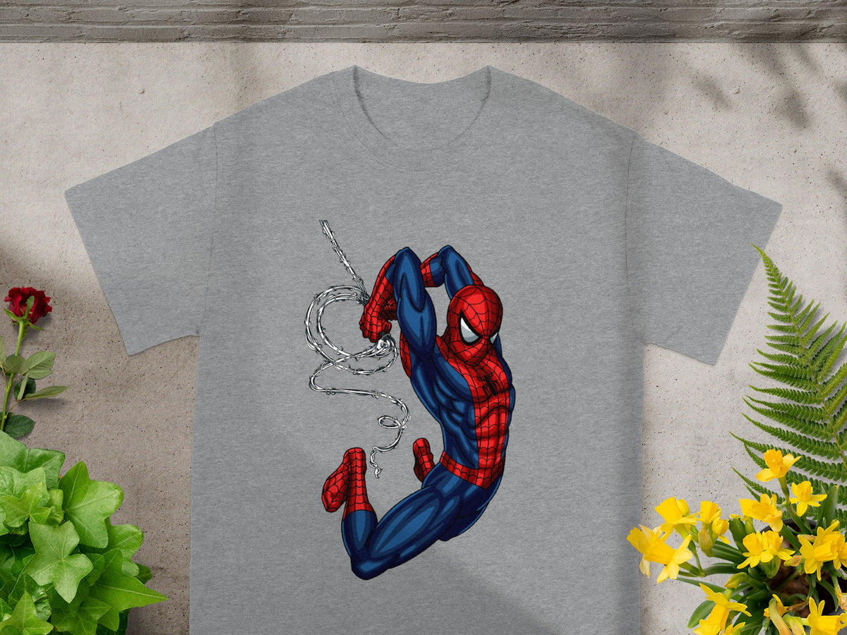 Gray t-shirt with Spider-Man swinging on a web.