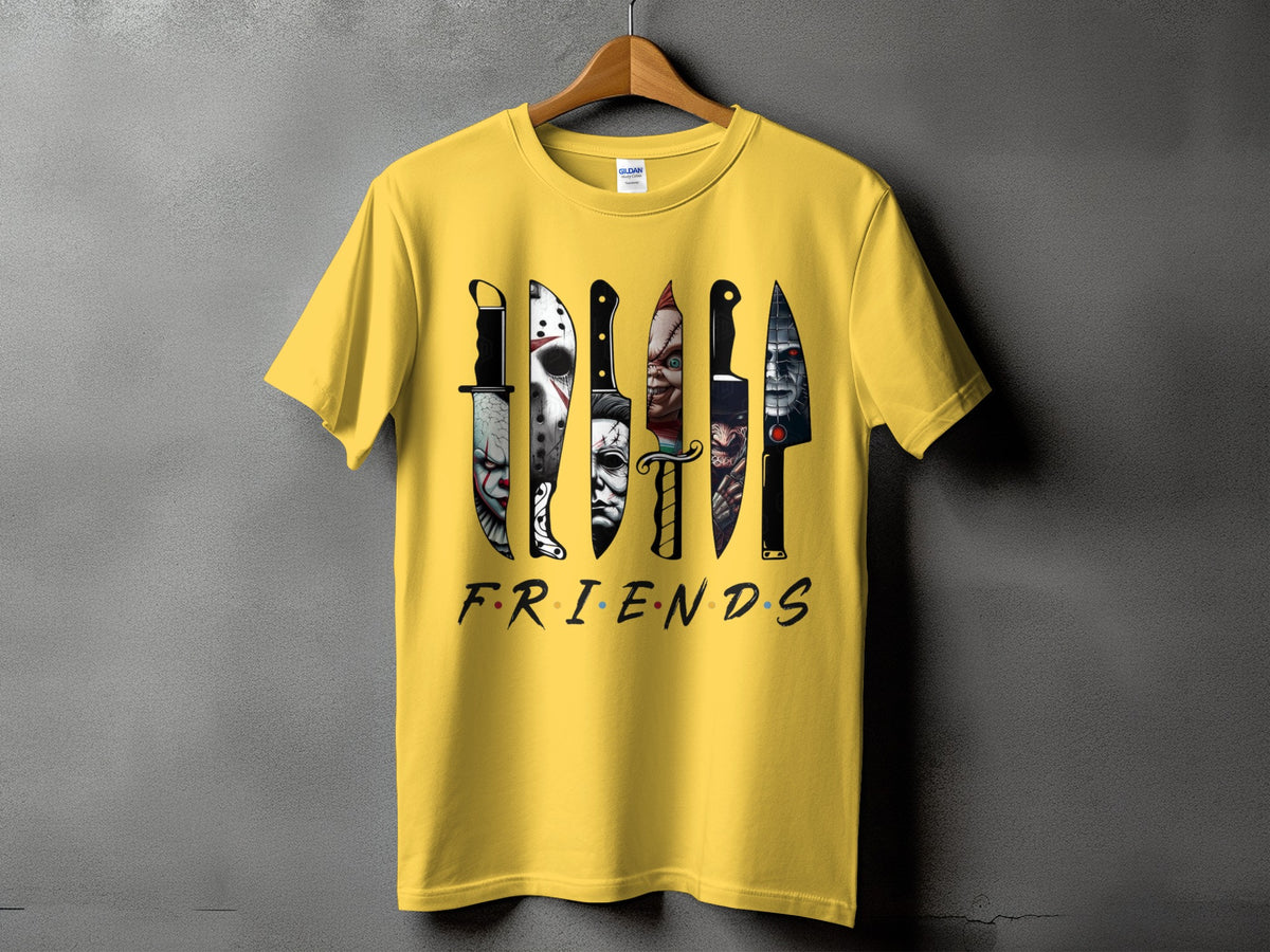 Yellow t-shirt with horror villains' knives and the word "FRIENDS".