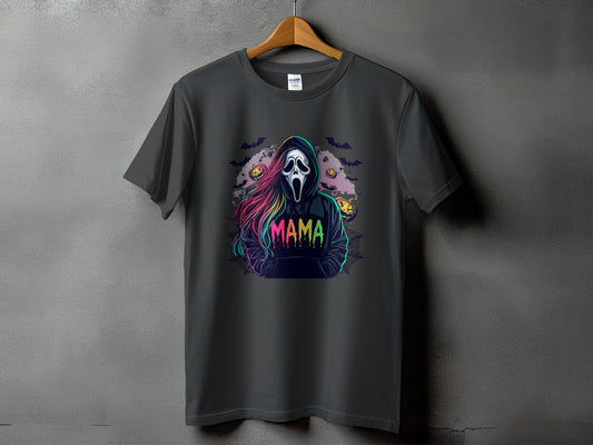Dark grey t-shirt featuring a ghost mask and "MAMA" text with Halloween pumpkins and bats.