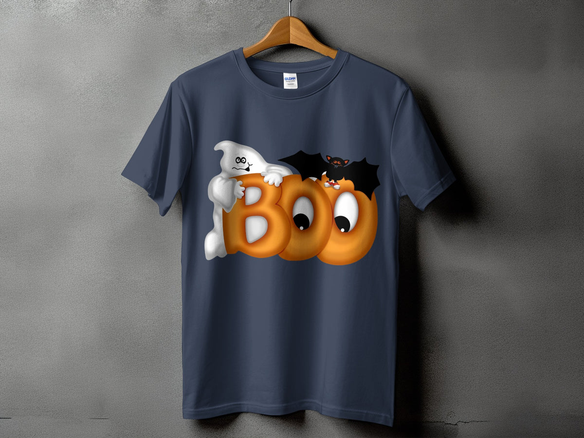 Dark blue t-shirt with ghost and bat on orange letters spelling "BOO".