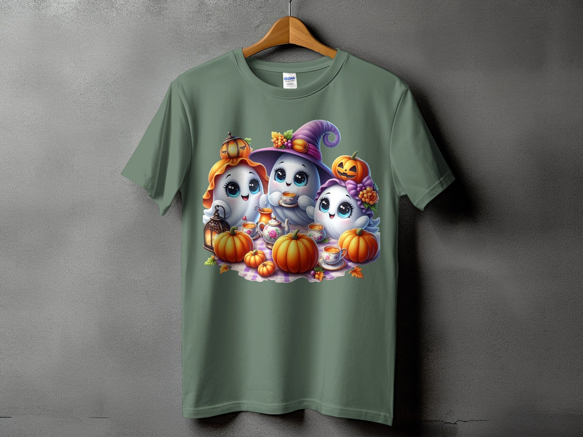 Three cartoon ghosts with pumpkins and tea set on a green t-shirt.