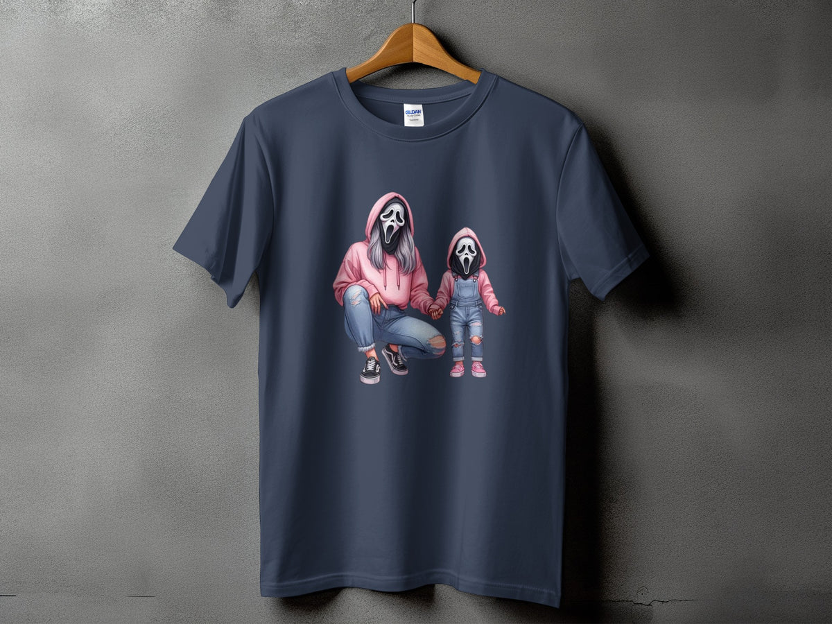 Illustration of two figures in Ghostface masks, a pink hoodie, and denim on a dark grey t-shirt.