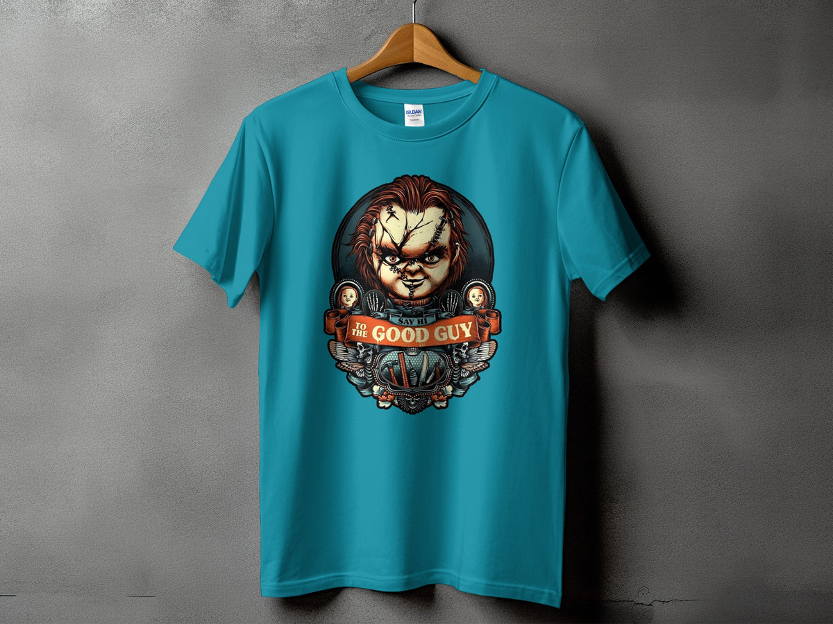Teal t-shirt featuring Chucky with "Say Hi To The Good Guy" text.