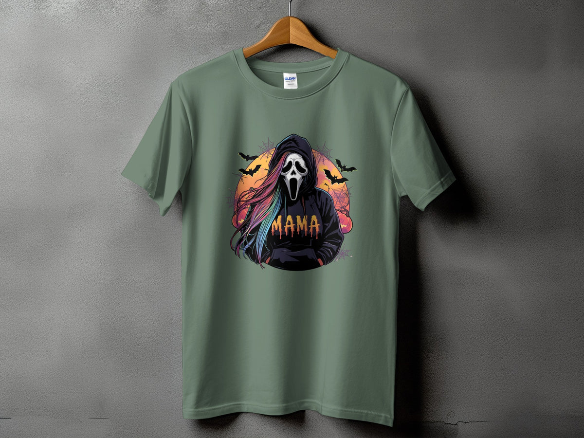 Green t-shirt with ghost graphic and "Mama" text.