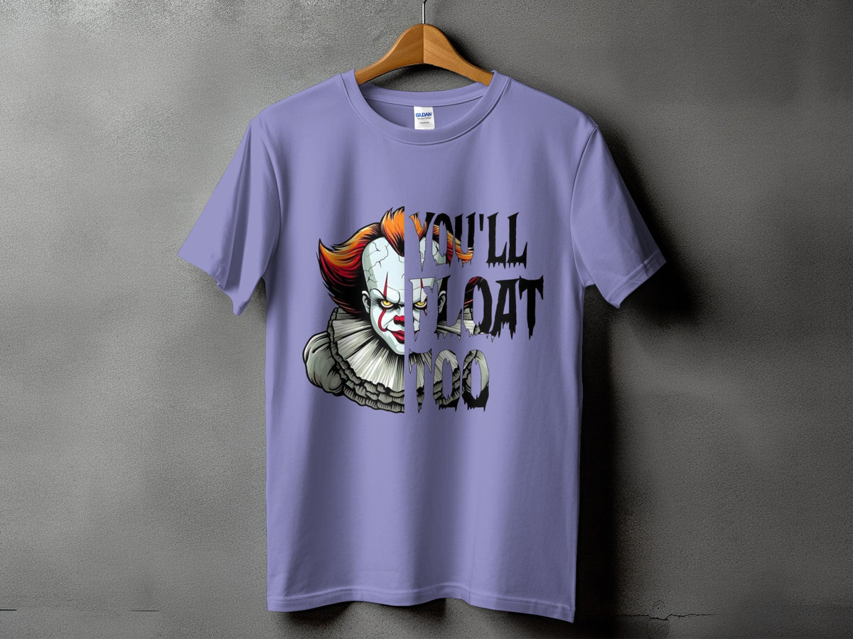 Purple t-shirt with Pennywise the Clown graphic and "YOU'LL FLOAT TOO" text.
