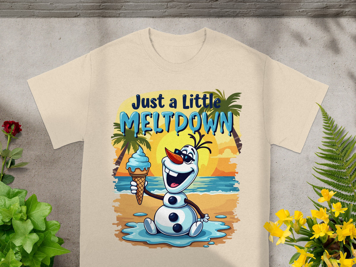 Olaf from Frozen holding an ice cream cone with text "Just a little MELTDOWN".