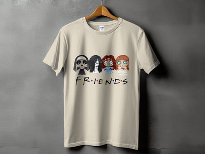 Four horror character drawings above the word FRIENDS on a light t-shirt.