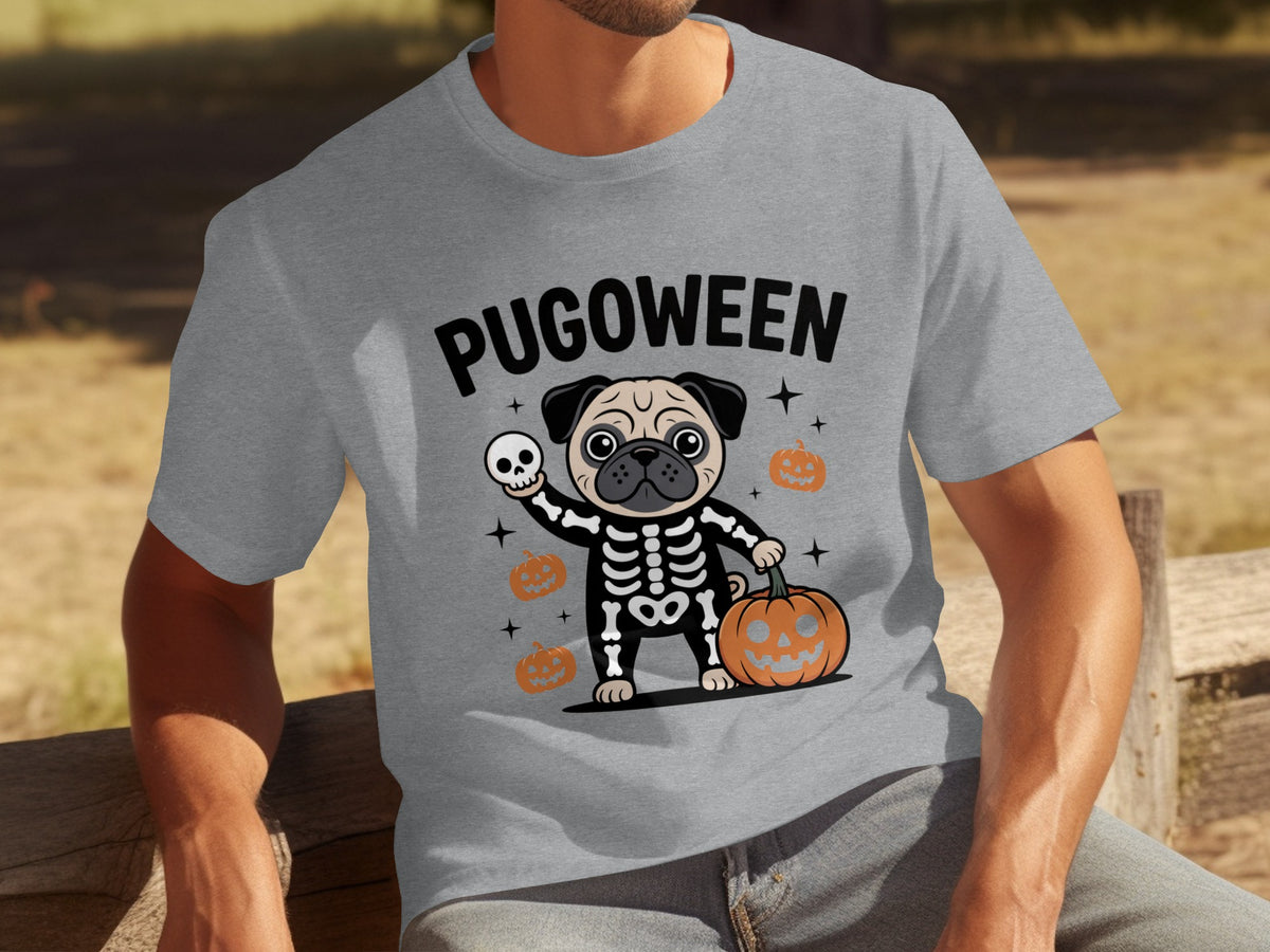 Pugoween Skeleton Pug Graphic Halloween T-Shirt