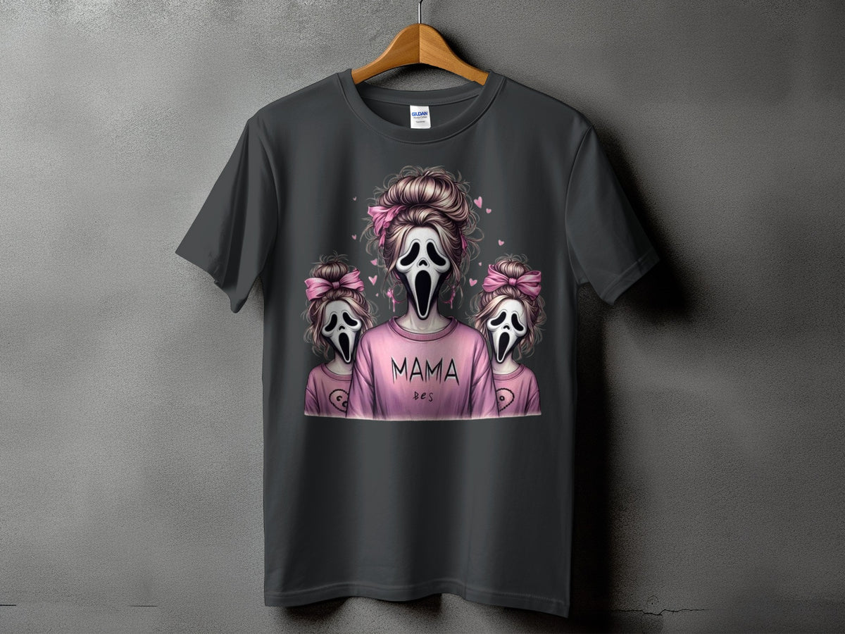 Dark t-shirt with "Mama" and two ghost figures with pink bows.