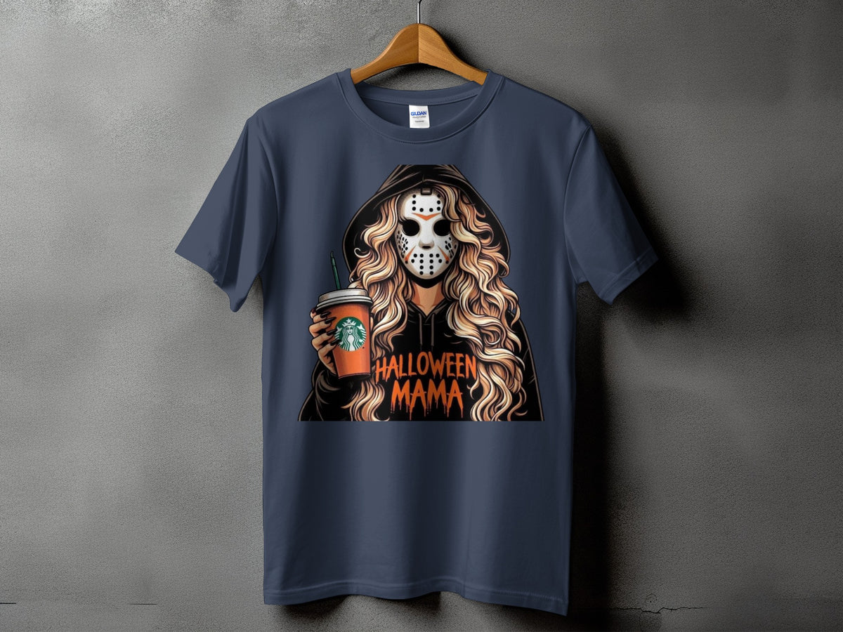 Dark blue t-shirt with "Halloween Mama" graphic of a person in a hockey mask and hoodie holding a Starbucks cup.