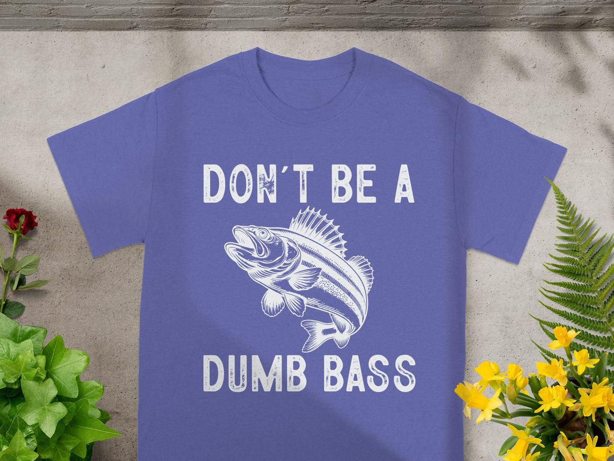Purple t-shirt with white graphic and text "DON'T BE A DUMB BASS".