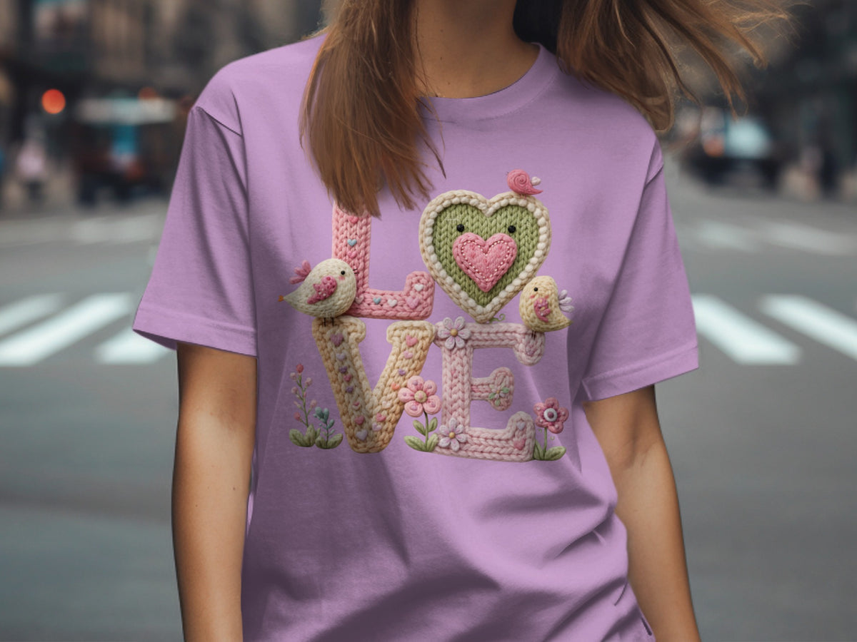 Cute Knitted Love Design with Birds Graphic T-Shirt