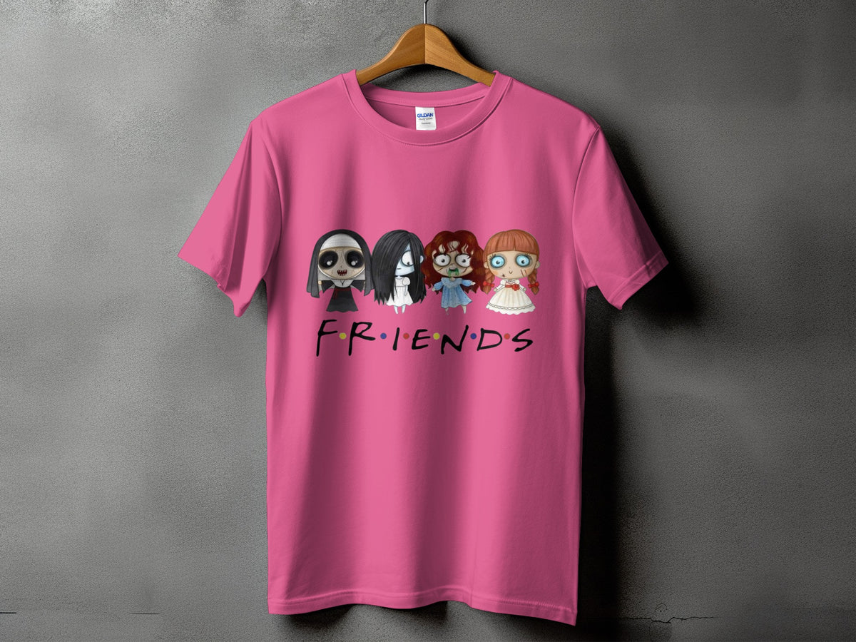 Pink t-shirt with spooky dolls and "Friends" logo.