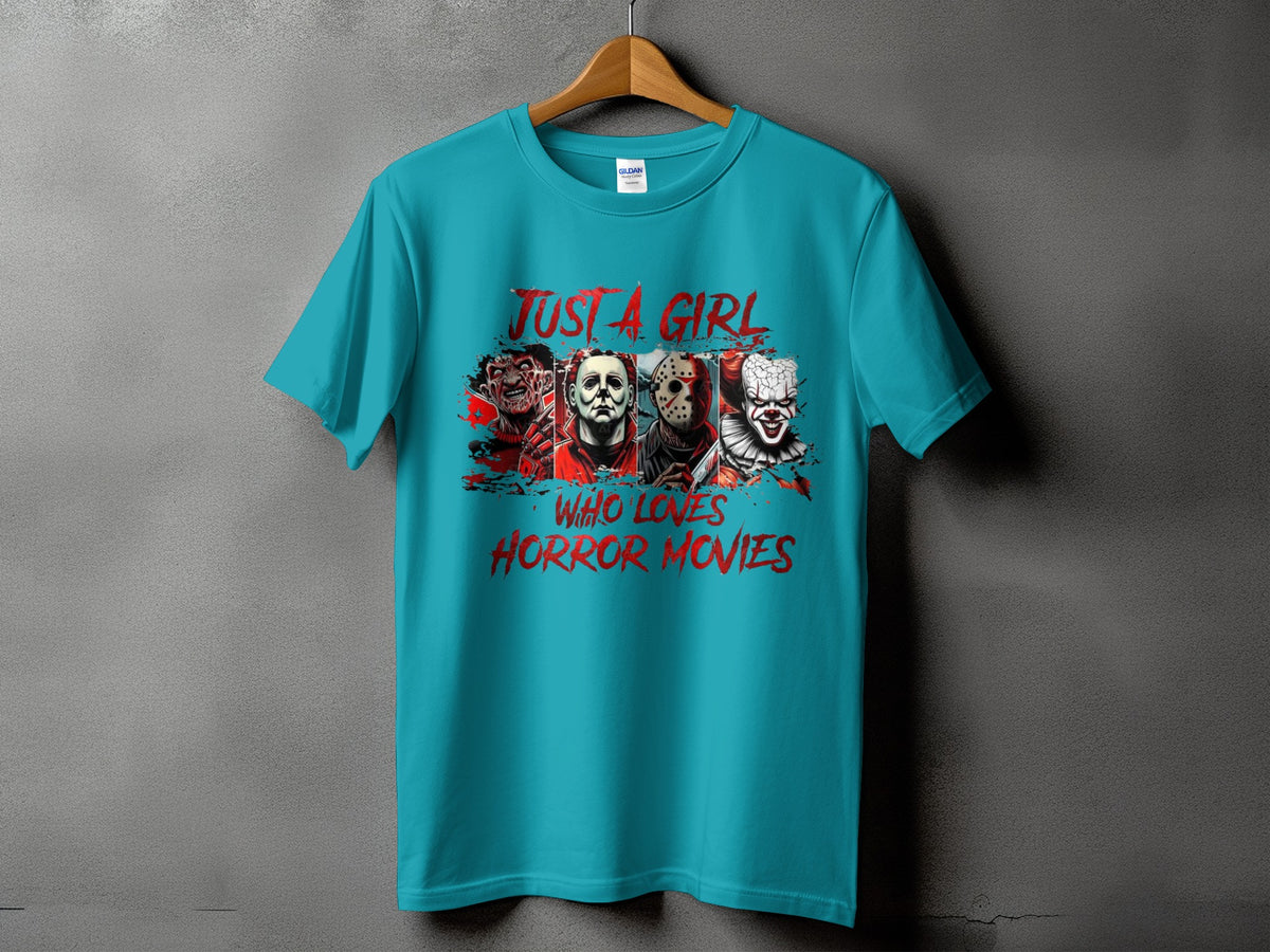 Turquoise t-shirt with "Just a girl who loves horror movies" and horror characters.