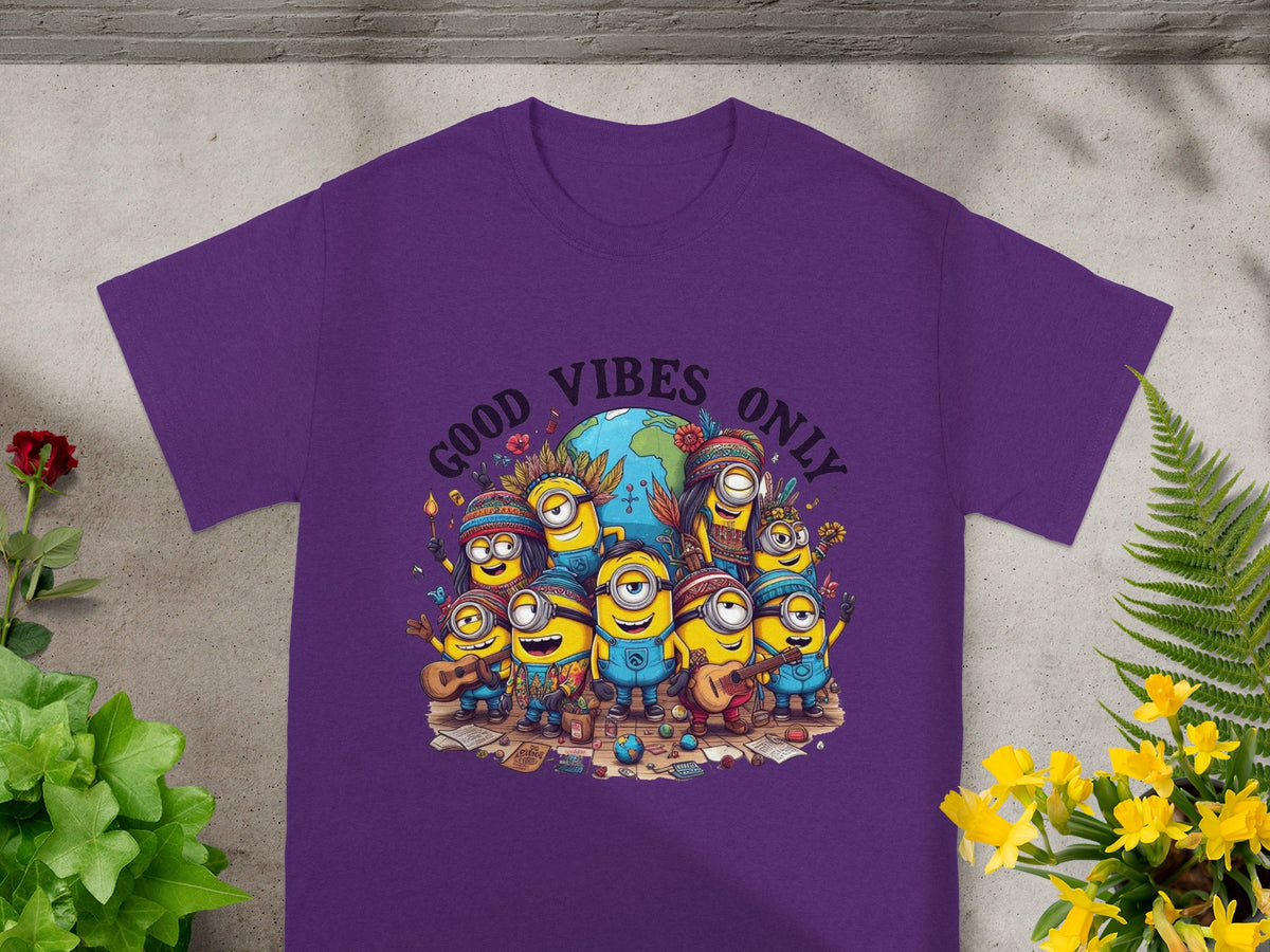 Purple t-shirt with Minions around a globe with "Good Vibes Only" text.